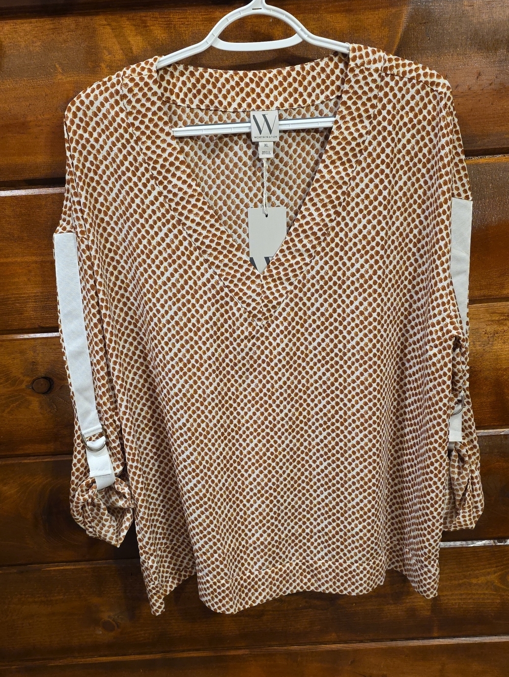 W by Worthington Rust Dot-Print V-Neck Roll-Tab Sleeve Blouse